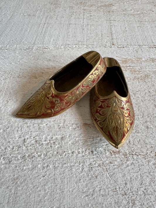 Vintage Pair of Brass with Enamel Shoe Figures - Collectible Ashtray Holder Shaped Like Shoes