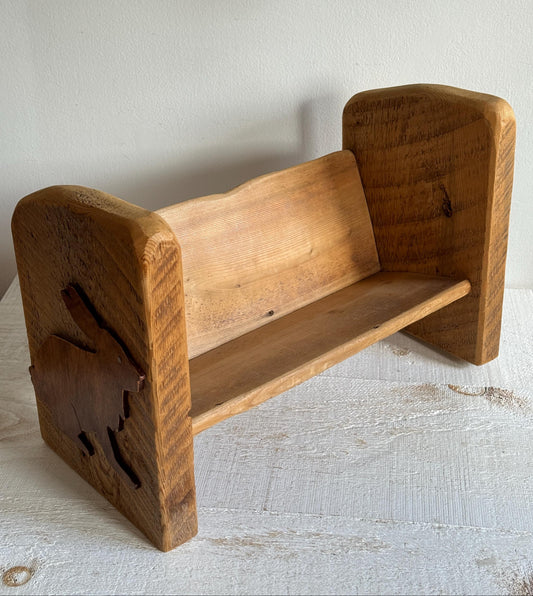 Vintage Hand Crafted Wood Bunny Rabbit Book Shelf - Raw Wood with Bunny Decorations on Ends