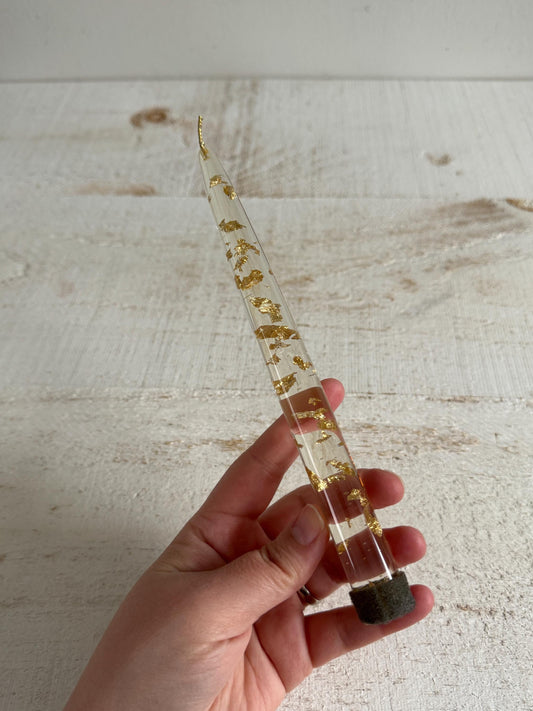 Single Clear Lucite Candle with Gold Flakes - No Burning Decorative Lucite Tapered Candle with Foil Flecks - Acrylic Vintage Candle