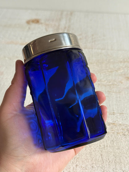 Single Vintage Cobalt Blue Glass with Metal Lid Pepper Shaker - Large Retro Kitchen Pepper Shaker