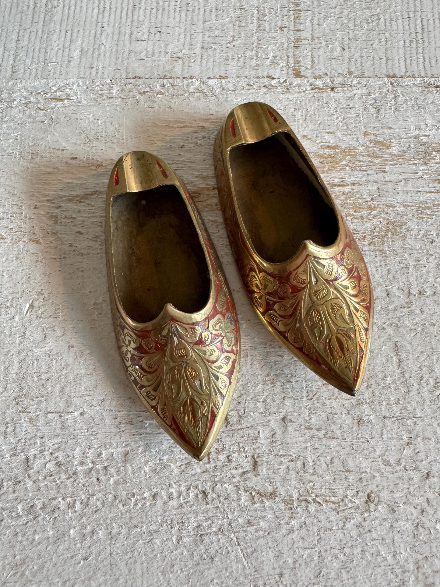 Vintage Pair of Brass with Enamel Shoe Figures - Collectible Ashtray Holder Shaped Like Shoes