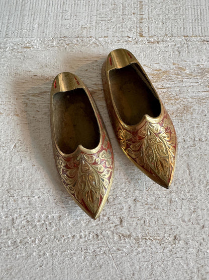 Vintage Pair of Brass with Enamel Shoe Figures - Collectible Ashtray Holder Shaped Like Shoes